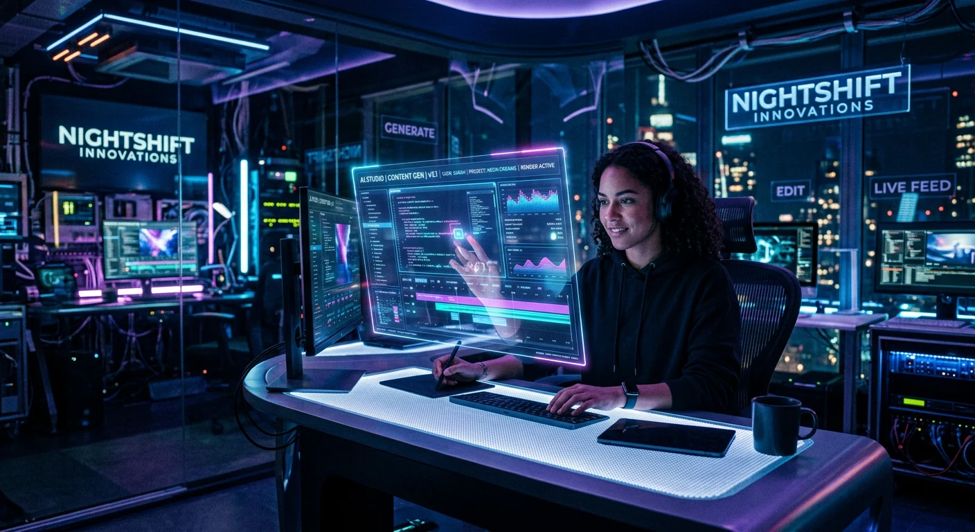 AI-generated futuristic creative studio with a content creator at a desk surrounded by holographic screens, neon lighting and digital displays